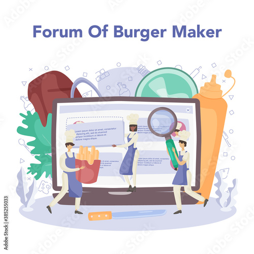 Fast food, burger house online service or platform. Chef cook tasty