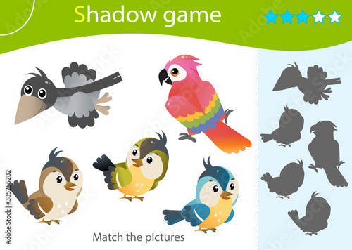 Shadow Game for kids. Match the right shadow. Color images of cartoon birds. Crow, parrot, sparrow, titmouse. Worksheet vector design for children