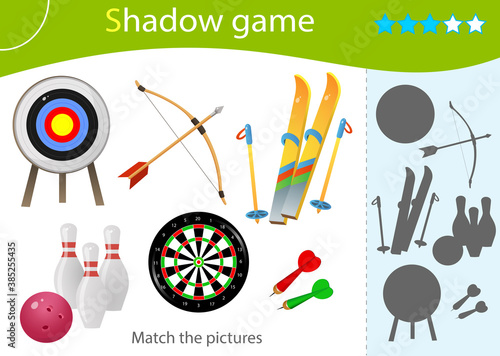 Shadow Game for kids. Match the right shadow. Color images of sports equipment. Skiing, archery, darts, bowling. Worksheet vector design for children.