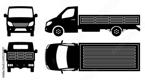 Flatbed truck silhouette on white background. Vehicle monochrome icons set view from side, front, back, and top
