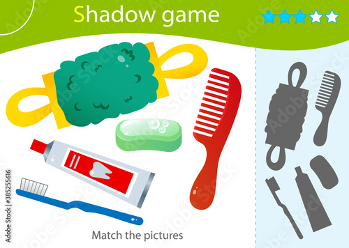 Shadow Game for kids. Match the right shadow. Color images of care and hygiene items. Toothpaste with brush, soap, washcloth, comb. Worksheet vector design for children