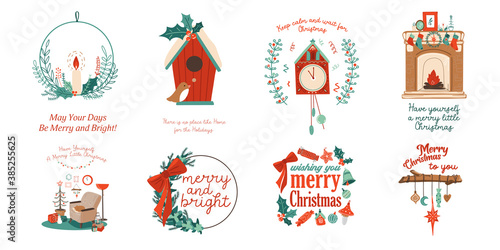 Hand drawn illustrations with decorative Christmas and Happy new year festive elements and quotes. New Year and Christmas cards set with lettering. christmas labels collection