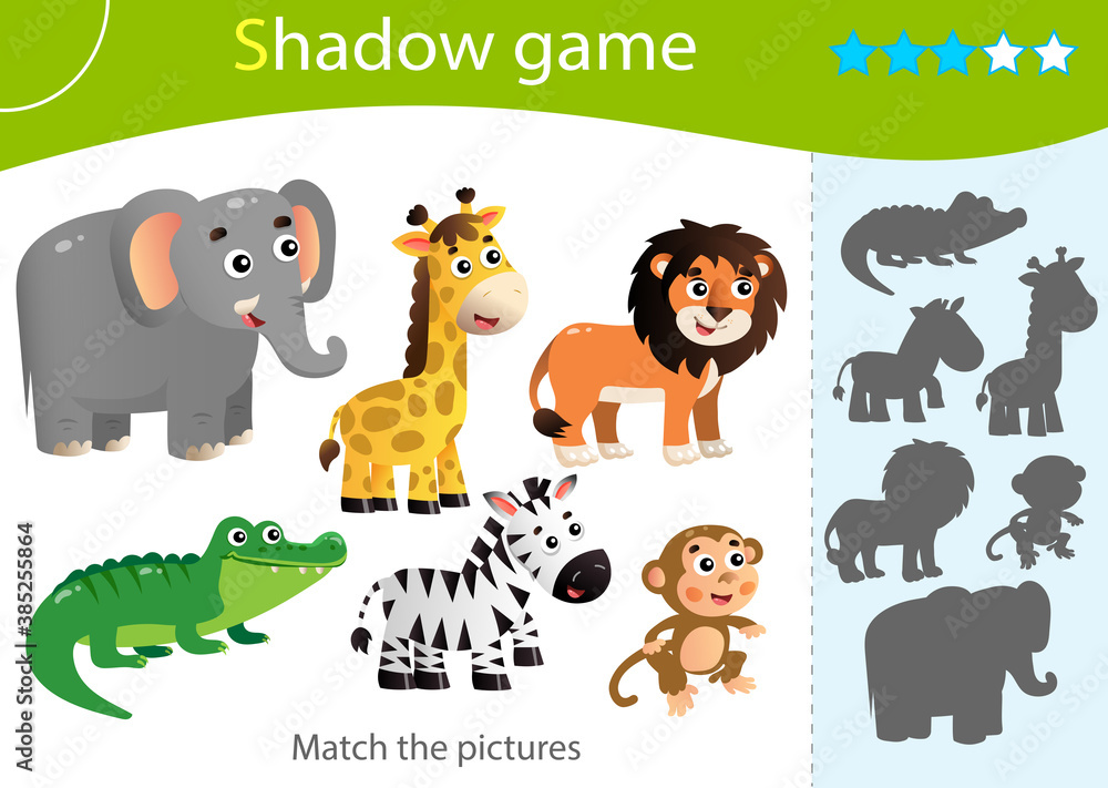 Fototapeta premium Shadow Game for kids. Match the right shadow. Color images of animals of Africa. Zebra, crocodile, giraffe, monkey, lion, elephant. Worksheet vector design for children