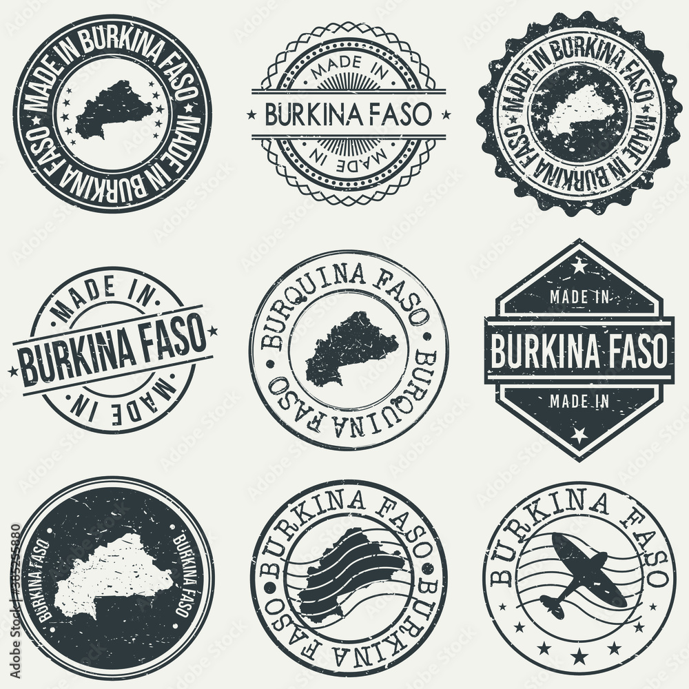 Burkina Faso Set of Stamps. Travel Stamp. Made In Product. Design Seals Old Style Insignia.