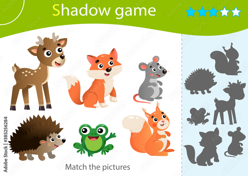 Shadow Game for kids. Match the right shadow. Color images of wild animals. Hedgehog, fox, frog, mouse, squirrel, deer. Worksheet vector design for children Shadow Game for kids. Match the right shadow. Color images of wild animals. Hedgehog, fox, frog, mouse, squirrel, deer. Worksheet vector design for children