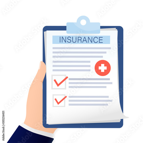 Business card with medical insurance men hand for medical design. Business card. Vector flat illustration.
