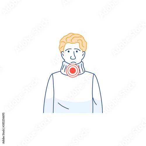 Sore throat pain, difficulty swallowing thin line icon. Young man avatar with sick throat isolated on white. Flu common cold influenza infection disease symptom Outline medical vector illustration