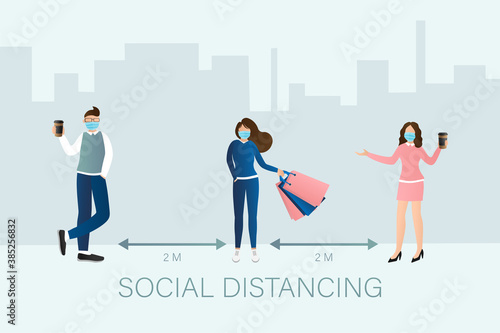 Social distancing people in flat style. Medical prevention. Illustration for medical design. Vector illustration.