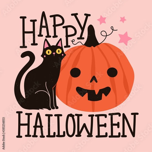 Halloween greeting card with black cat, pink stars and orange pumpkin. Happy Halloween lettering words. Vector illustration, colored typography poster with pet