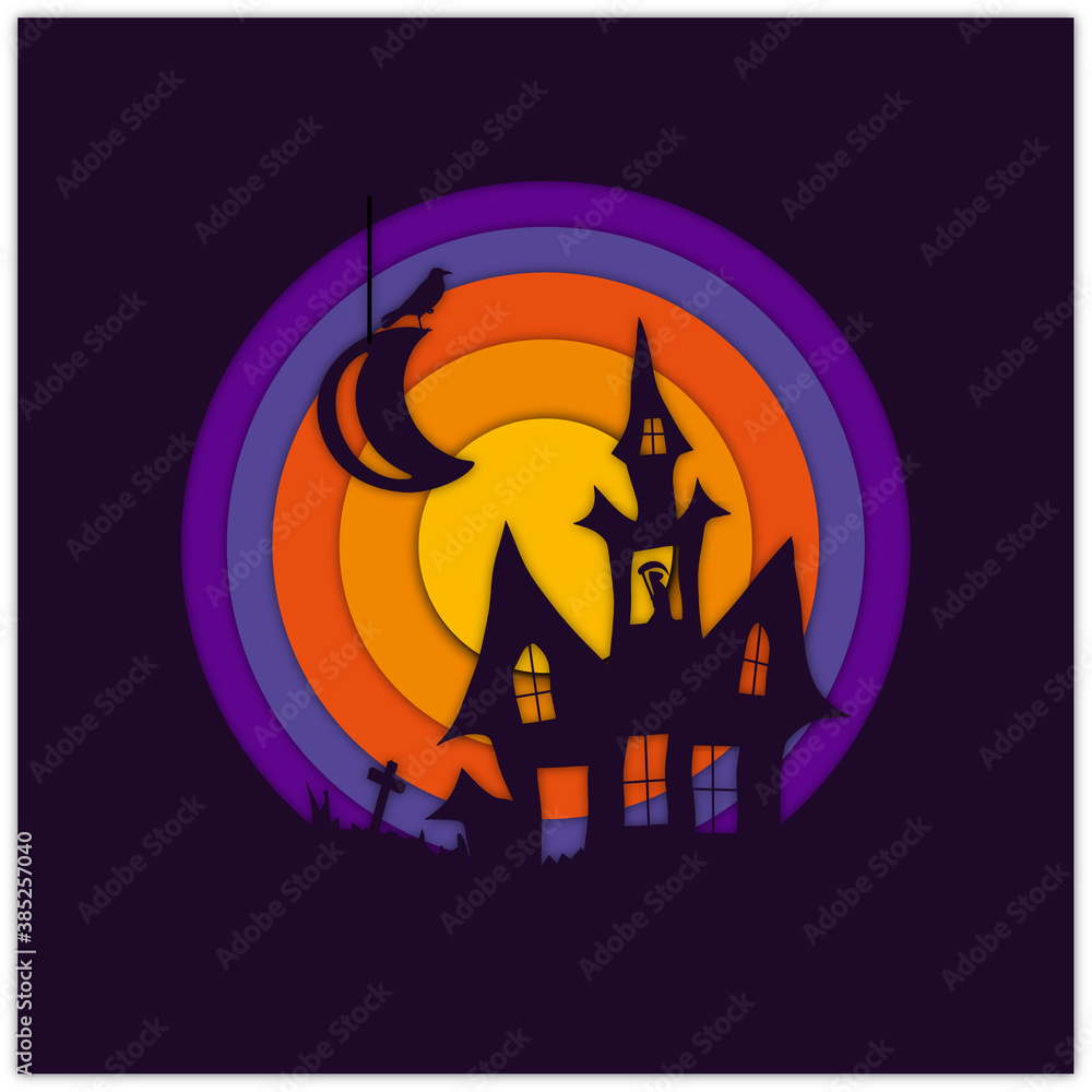 Ilustración para celebrar la fiesta de halloween. Efecto relieve y profundidad. Aparecen la silueta de una casa encantada, una tumba, la luna y el cuervo, y al fondo círculos concéntricos.