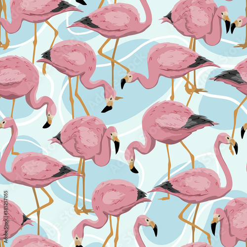 Seamless pattern with pink flamingos birds in different poses. Male and female Anser caerulescens. Birds of Africa and South America. Realistic vector image