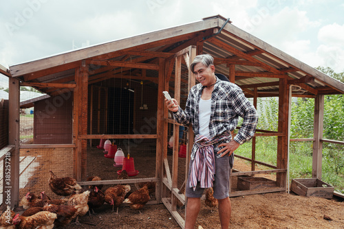 Asian elderly farmer using smartphone in chicken farm.