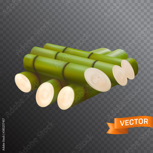Fresh sugar cane cut with green chunks, sliced and stacked on top of each other. Vector illustration in a 3D mesh realistic style isolated on a transparent background