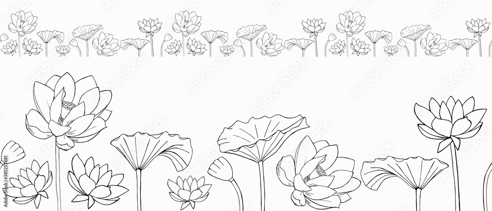 vector seamless border of Lotus flowers and leaves. minimalistic Zen style. Beautiful monochrome vector floral frame with lotus flowers and leaves in graphic style.