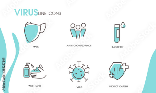 set collection of coronavirus icons, virus, covid-19, ncov-2019, disease, sickness, illness with blue color