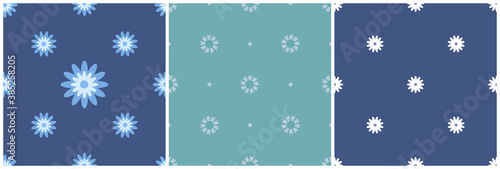 Set of seamless patterns. 3 pictures with simple colors on a blue and green background. For fabrics or textiles, bed linen and packaging. Pastel shades. Vector

