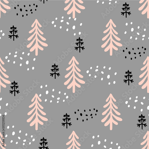 Seamless pattern with hand drawn Christmas trees. Abstract drawing sketch of a winter tree. Vector holidays illustration on gray background