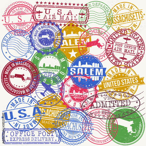 Salem Massachusetts Set of Stamps. Travel Stamp. Made In Product. Design Seals Old Style Insignia.