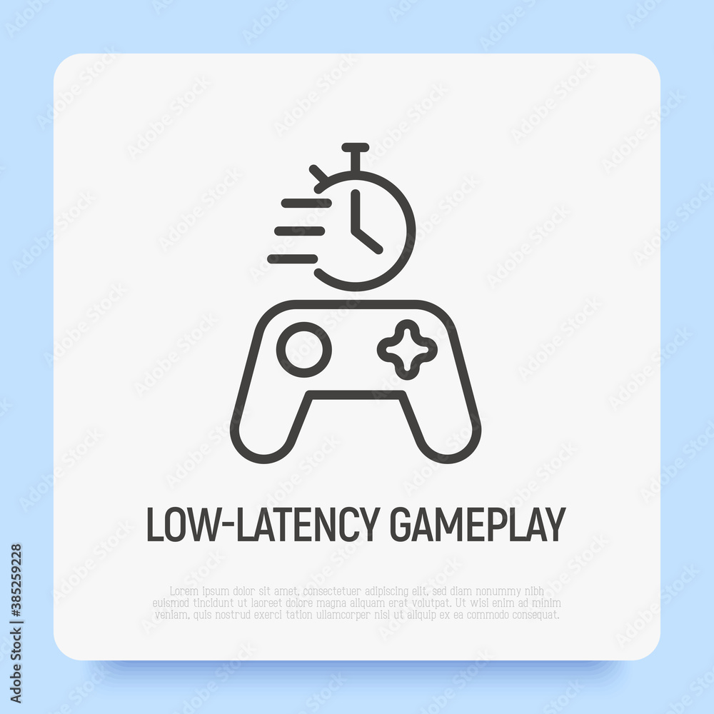 Low-latency gameplay thin line icon. Game controller with stopwatch. Vector illustration. Low-latency gameplay thin line icon. Game controller with stopwatch. Vector illustration.