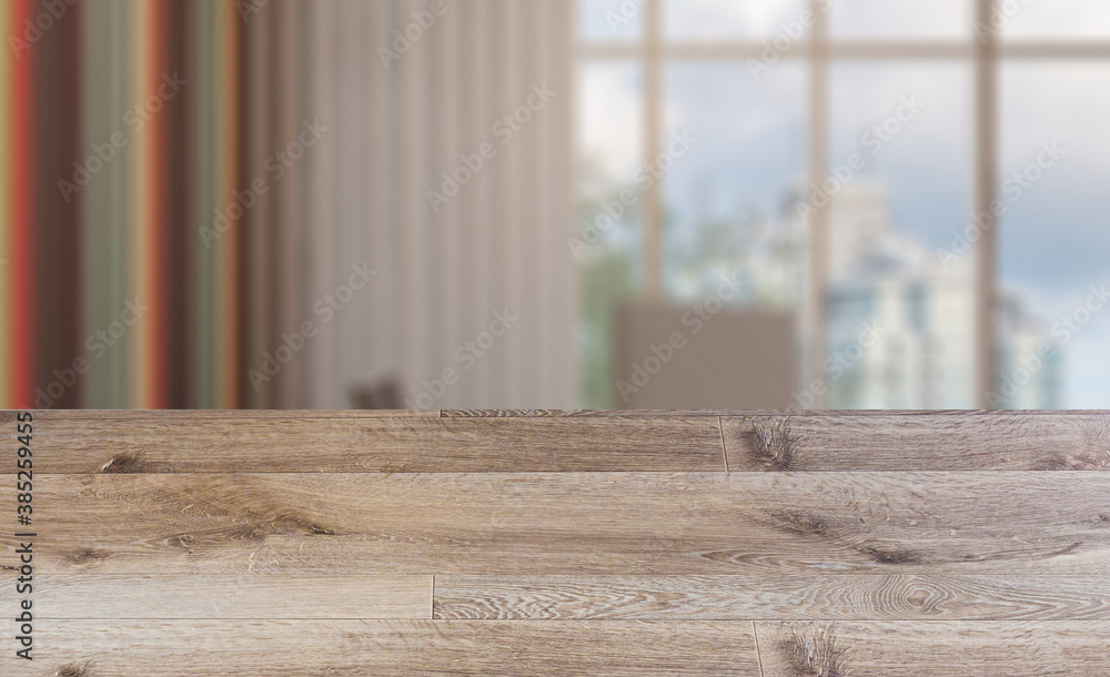 Fototapeta premium Open space office interior with like conference room. Mockup. 3D rendering.. Abstract blur phototography. wooden table on blurred background.
