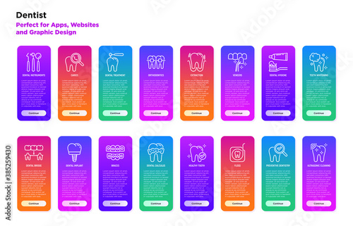 Dentist thin line icons set: dental instruments, caries under magnifier, orthodontics, tooth extraction, veneers, tooth whitening, implant, braces, calculus, ultrasonic cleaning. Vector illustration.