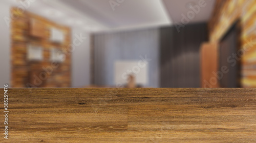 Modern meeting room. 3D rendering.. Abstract blur phototography. wooden table on blurred background.