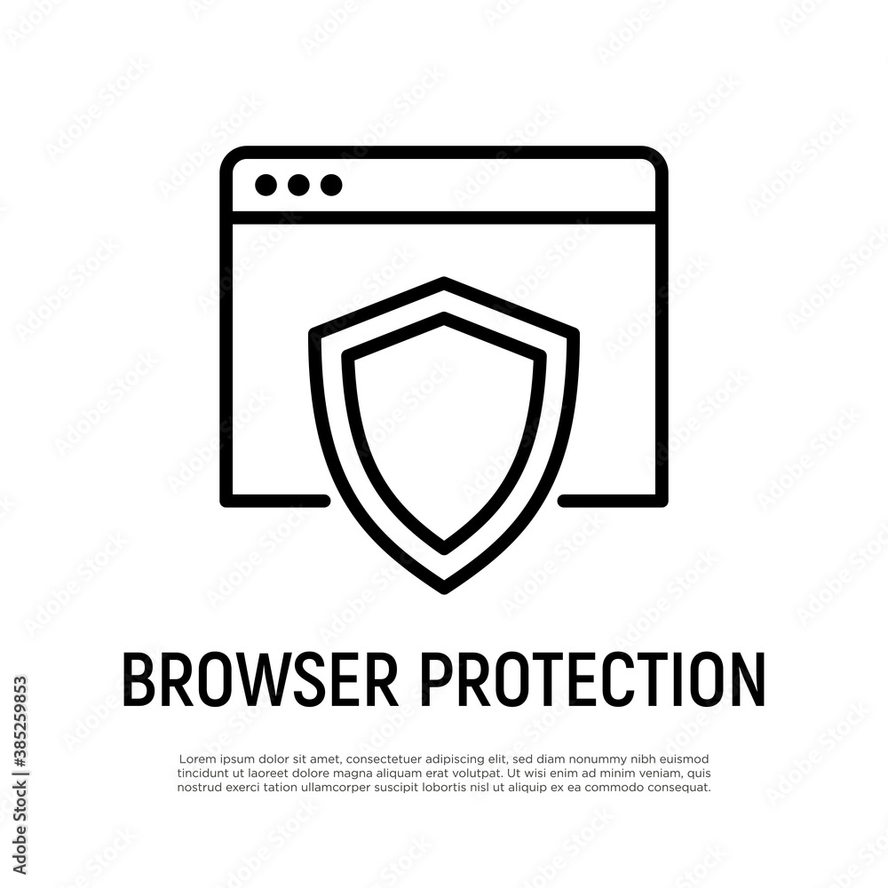 Web browser protection thin line icon. Shield on web page. Vector illustration. Web browser protection thin line icon. Shield on web page. Vector illustration.