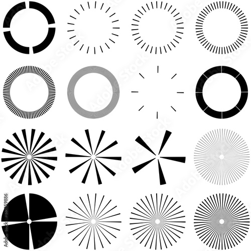 Set of Circular radial, radiating lines, beams, rays. Geometric circle vector illustration. Cyclic loop concentric pattern photo