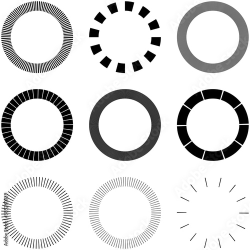 Set of Circular radial, radiating lines, beams, rays. Geometric circle vector illustration. Cyclic loop concentric pattern