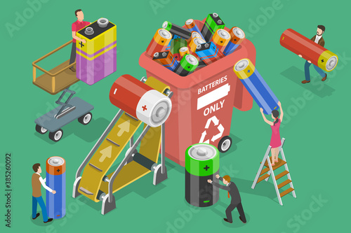 3D Isometric Flat Vector Conceptual Illustration of Proper Handling Used Batteries, Ecology Environmental Conservation.