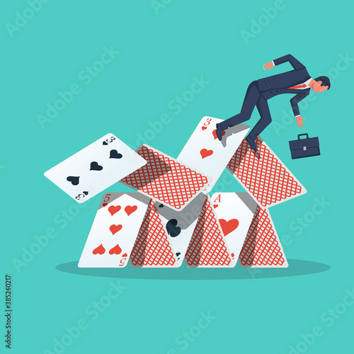 Businessman falls from a house of cards. Shaky position. Falling from height. Business risk concept. Vector illustration flat design. Landing business page.