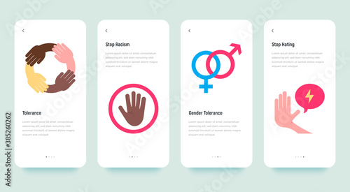 Mobile user interface with torelance flat icons: stop hating, no to racism, human equality, gender tolerance. Vector illustration, template with copy space.