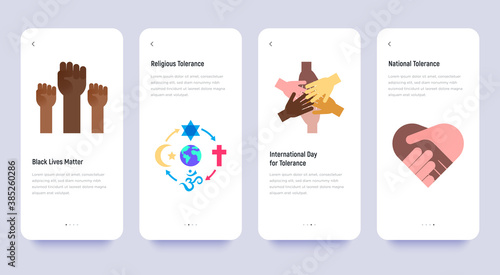 Mobile user interface with torelance flat icons: black lives matter, religious tolerance, globalization, human equality. Vector illustration, template with copy space.