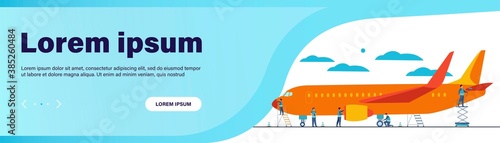 Plane service isolated flat vector illustration. Cartoon mechanics repairing airplane before flight or adding fuel. Aircraft maintenance and aviation concept