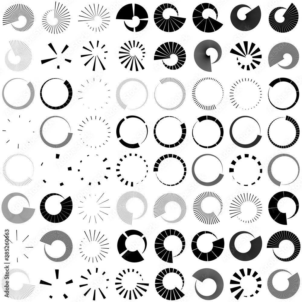 Fototapeta premium Set of Circular radial, radiating lines, beams, rays. Geometric circle vector illustration. Cyclic loop concentric pattern