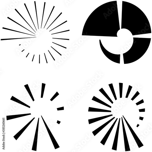 Set of Circular radial, radiating lines, beams, rays. Geometric circle vector illustration. Cyclic loop concentric pattern
