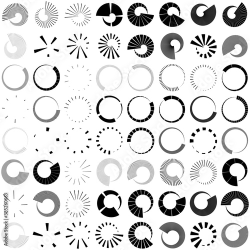 Set of Circular radial, radiating lines, beams, rays. Geometric circle vector illustration. Cyclic loop concentric pattern