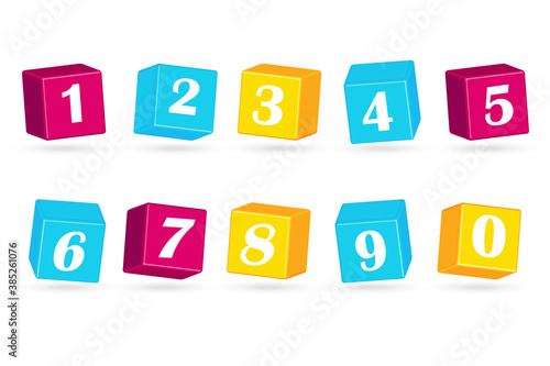 Colored cubes with numbers 1 2 3 4 5 6 7 8 9 0. Color blocks. Objects for web banners. Text template. Vector illustration flat design. Isolated on white background.