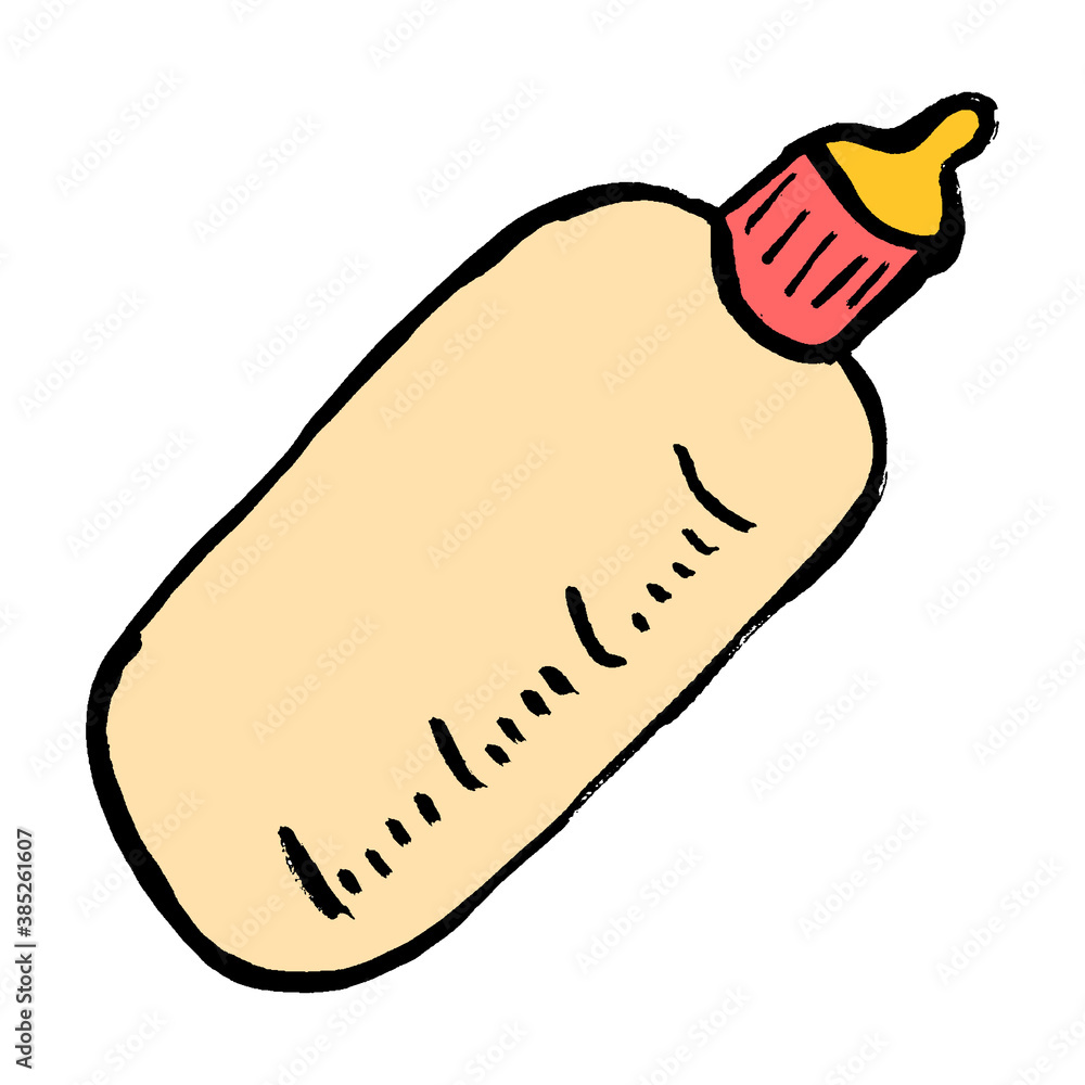 Baby milk bottle. Nutrition in the plastic container for a newborn. White drink, dairy product. Isolated vector illustration in cartoon style