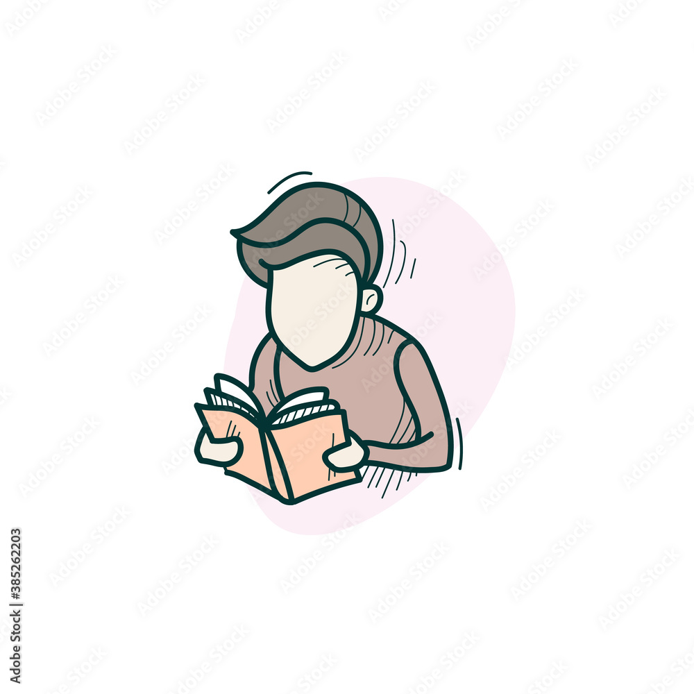 Reading color icon. Hand drawing sketch. Man read a book. Self-education. Morning ritual. Productive morning routine concept. Personal time management. Isolated vector illustration Reading color icon. Hand drawing sketch. Man read a book. Self-education. Morning ritual. Productive morning routine concept. Personal time management. Isolated vector illustration