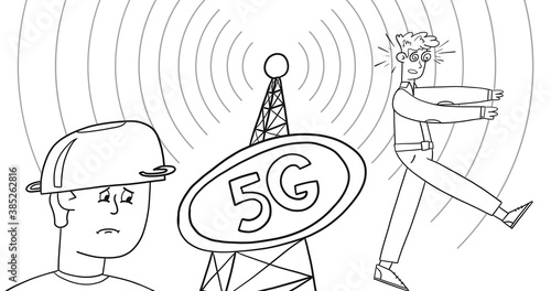 The guy looks at the phone tower with 5g