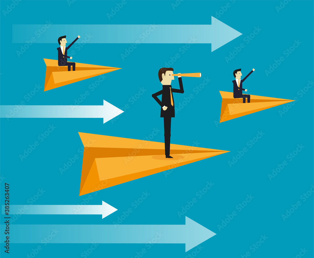 Business people riding with paper rocket Business people riding with paper rocket