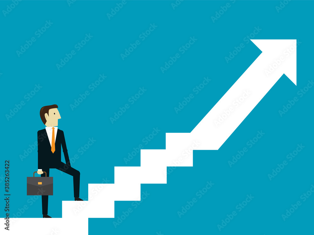 Businessman climbing the arrow stairs to success Businessman climbing the arrow stairs to success