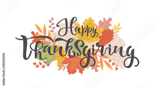 Happy thanksgiving celebration quote  text with autumn leaves