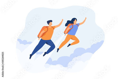 Cheerful couple boosting with jet pack isolated flat vector illustration. Cartoon business cha racters flying up with rocket on back. Career fast growth, startup and energy concept