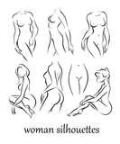 Collection of naked beautiful woman silhouettes in different poses isolated on white background. Intimate symbols, woman healthcare, hygiene. Sketch, contour drawing. Vector flat illustration.
