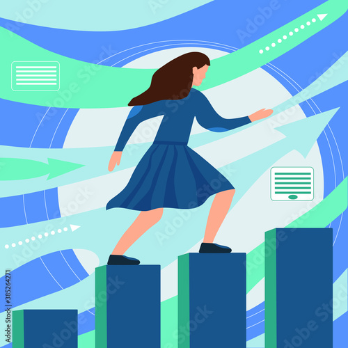 A woman goes up the stairs. Set a goal, and move towards it. The concept of career growth, promotion, leadership. Promotion of the site in social networks, marketing.