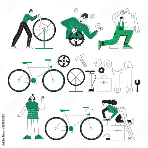 Set of bicycle repair service characters and tools. Bike mechanic modern flat vector illustrations. Instrument clipart. Bundle of people in a workshop in the repair process. Isolated on white