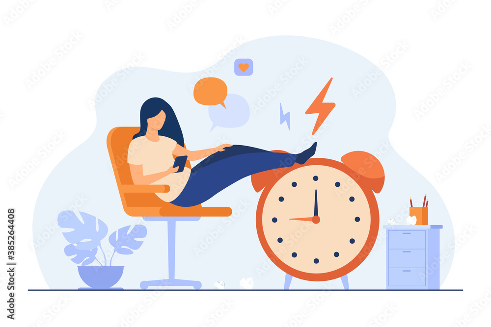 Lazy woman sitting in office and procrastinating flat vector illustration. Cartoon  person wasting time with legs up on alarm watch. Daydream, leisure and  laziness concept Stock Vector | Adobe Stock