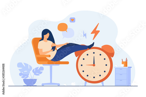 Lazy woman sitting in office and procrastinating flat vector illustration. Cartoon person wasting time with legs up on alarm watch. Daydream, leisure and laziness concept